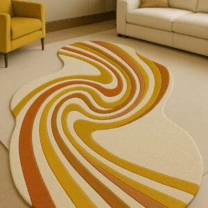 Modern Retro Wave Carpet Rug – Yellow & Rust Swirl Design