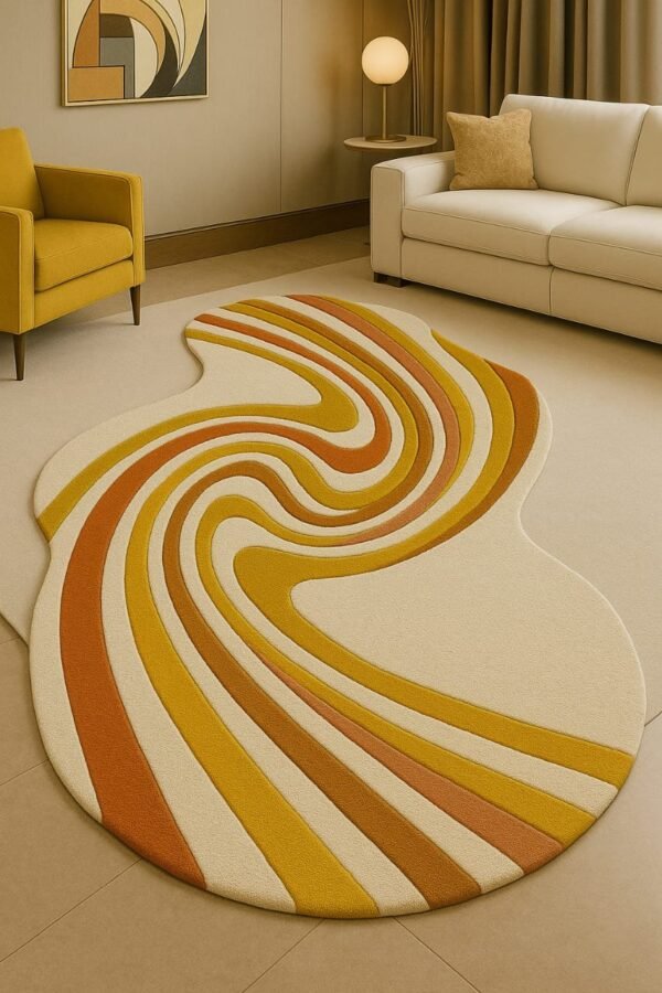 Modern Retro Wave Carpet Rug – Yellow & Rust Swirl Design