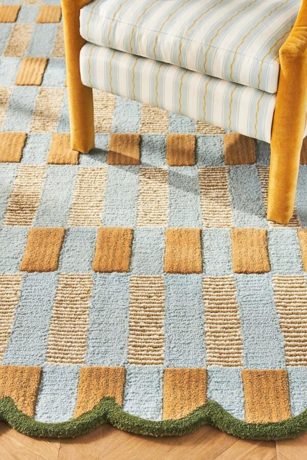 Handwoven Checkered Area Rug - Green and Beige