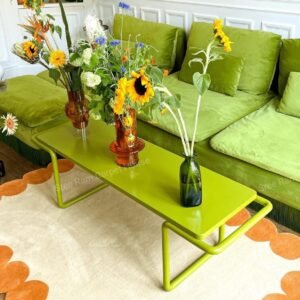Modern Green Sofa Set with Decorative Flower Vases