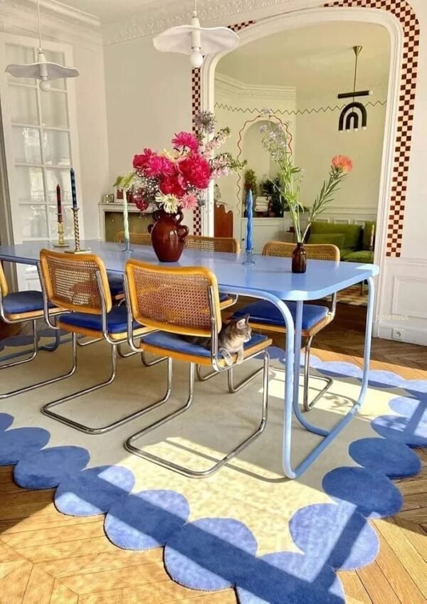 Scalloped Edge Wool Rug – Soft Yellow & Blue