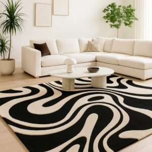 Black and Beige Abstract Swirl Area Rug