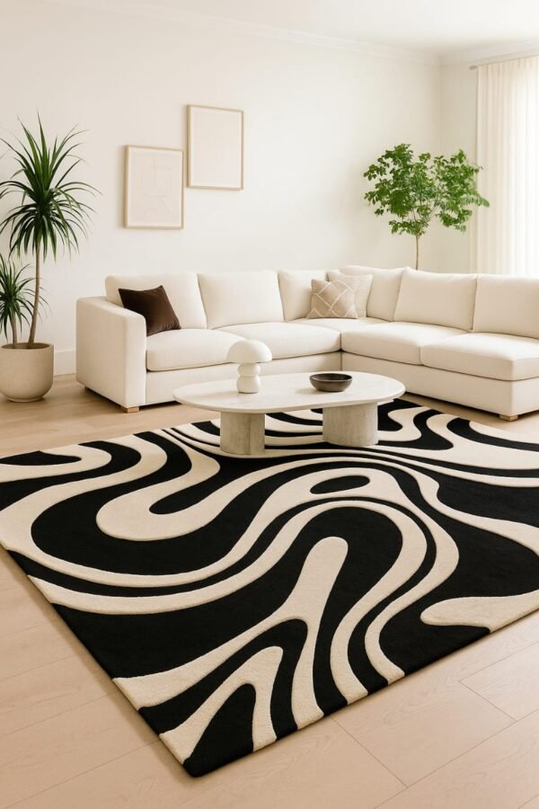Black and Beige Abstract Swirl Area Rug