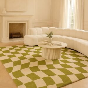 Modern Geometric Green and Beige Checkered Area Rug