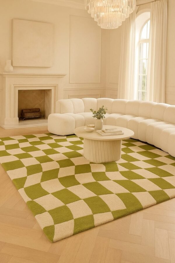 Modern Geometric Green and Beige Checkered Area Rug