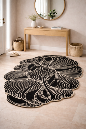 Organic Abstract Shape Rug, Black Hand Tufted New Zealand Wool Carpet