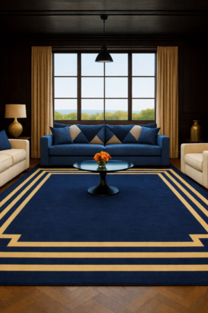 Hand Tufted Wool Rug: Modern Blue Carpet with Geometric Border