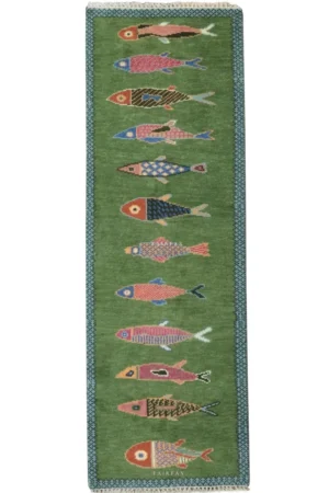 Koi Fish Runner Rug: Green Colorful Carpet Handmade Wool Area Rug
