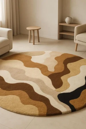 Hand-Tufted Round Wool Rug | Organic Earth-Tone Wavy Abstract | Beige & Brown Minimalist Area Rug for Boho , round rug tufted