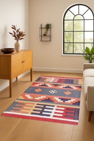 Kilim Rug Handwoven Wool and Jute Dhurrie, Traditional Indian Area Rug, Hand Knotted Kilim Rug 8x10 Red Jute & Wool Geometric Rug