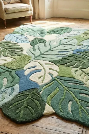 Sage Green Irregular Rug, Boho Wool Area, Hand-Tufted Wool Plant Leaf Rug, Botanical Carpet