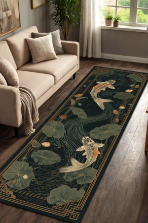 Koi Fish Lotus Runner Rug, Japanese Zen Pond Hallway Carpet, Dark Teal Gold Art Deco Border, Chinoiserie Kitchen Entryway Long Rug Decor