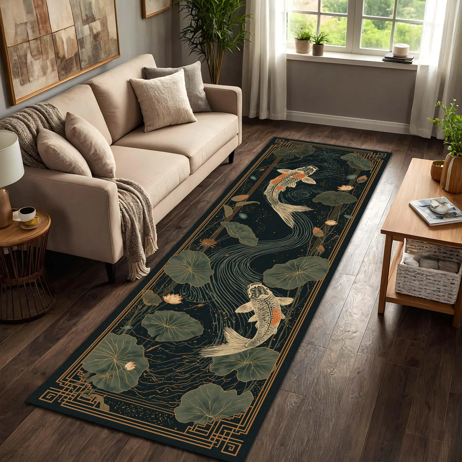 Koi Fish Lotus Runner Rug, Japanese Zen Pond Hallway Carpet, Dark Teal Gold Art Deco Border, Chinoiserie Kitchen Entryway Long Rug Decor