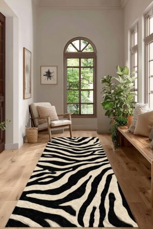 Zebra Print Runner Rug, Black and White Animal Pattern Carpet,Stylish Long Runner