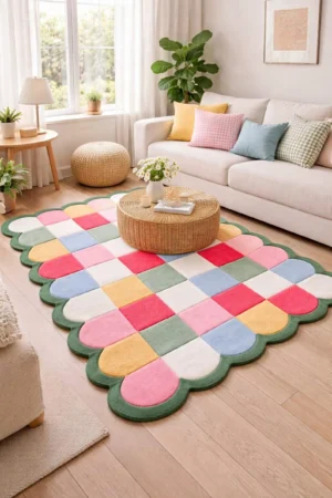 Handmade Colorful Scalloped Checkerboard Rug, Pastel Geometric Area Rug, Hand-Tufted Modern Playroom Rug, Cute Living Room Decor Rug