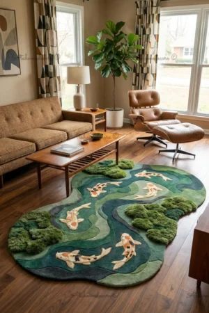 Hand Tufted Koi Fish Pond Rug, Irregular Moss Green Area Rug, Nature Inspired Wool Carpet, Japanese Garden Rug, Living Room Statement Rug