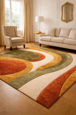 Hand-Tufted Modern Wool Rug – Abstract Arc Design Rug for Living Room, Contemporary Multicolor Area Rug Home Decor