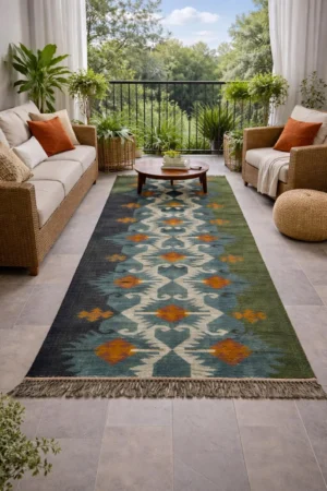 Handwoven Wool Jute Kilim Runner Rug, Geometric Tribal Boho Carpet