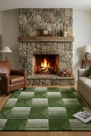 Hand Tufted, Emerald Geometric, Modern Sculpted Green Checkerboard Rug