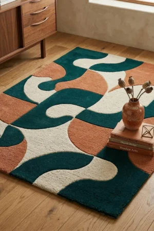 Retro Geometric Rug Hand Tufted Wool Carpet, Mid Century Area Decor, Teal Terracotta Abstract Floor Rug for Living Room Bedroom