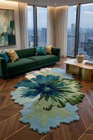 Hand Tufted Wool Splash Rug Abstract Floral Shape Blue Green Sculptural Carpet Organic Modern Art Floor Decor Living Room Accent