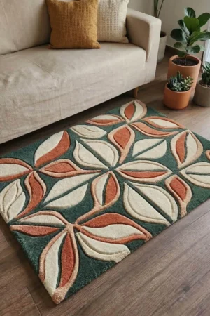 Mid Century Leaf Rug | Geometric Floral Carpet | Green Orange Cream Rug | Hand Tufted Wool Rug For Living Room Decor Accent