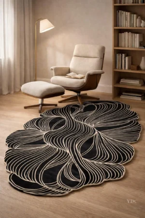 Organic Abstract Shape Rug, Black Hand Tufted New Zealand Wool Carpet