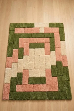 Hand Tufted Wool Rug: Geometric Moss Green, Dusty Rose, Cream Mid-Century Modern Carpet