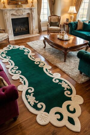 Emerald Green Royal Scroll Border Carpet, Classic Vintage European Style Rug for Living Room, Hallway & Luxury Home Decor