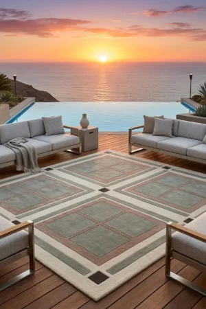 Hand Tufted Wool Rug: Sage Green Geometric Panel Modern Living Room Area Rug