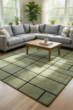 Olive Green Wool Rug - Minimalist Grid Pattern, Hand Tufted
